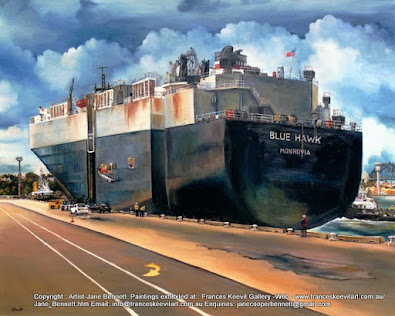 oil painting  of the last car ship at Glebe Island wharf  the Sydney Harbour Bridge in the background by artist Jane Bennett